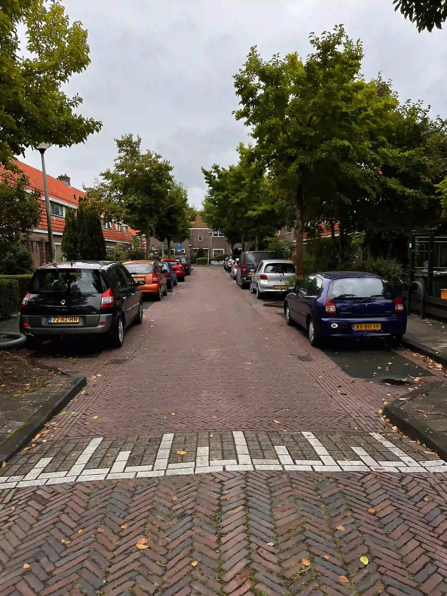 A cyclist riding through a narrow street with cars parked on both sides, leaving limited space
