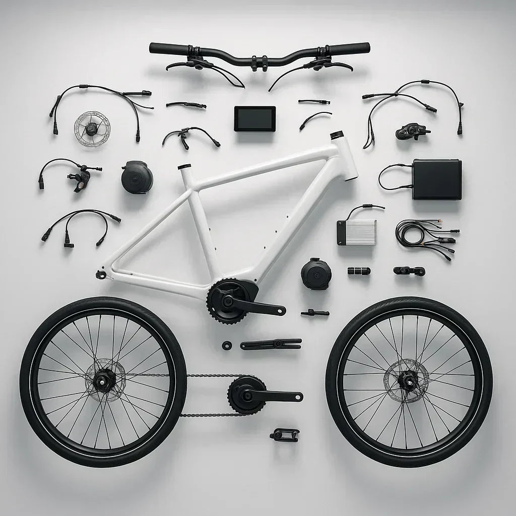 DIY e-bike conversion parts laid out around a white bicycle frame on a white background
