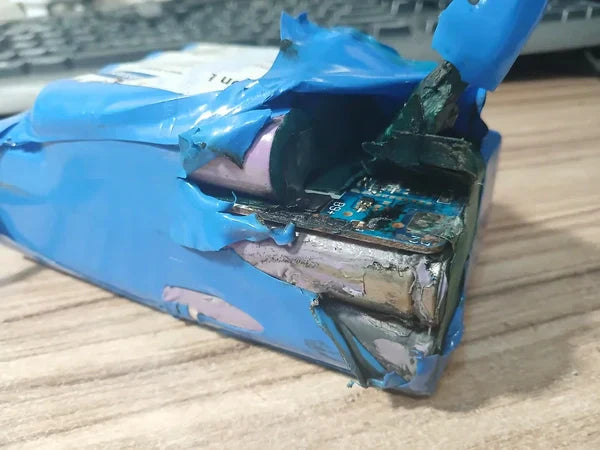 Lithium-ion e-bike battery pack catching fire in a confined space, illustrating the risk of uncertified batteries and thermal runaway.